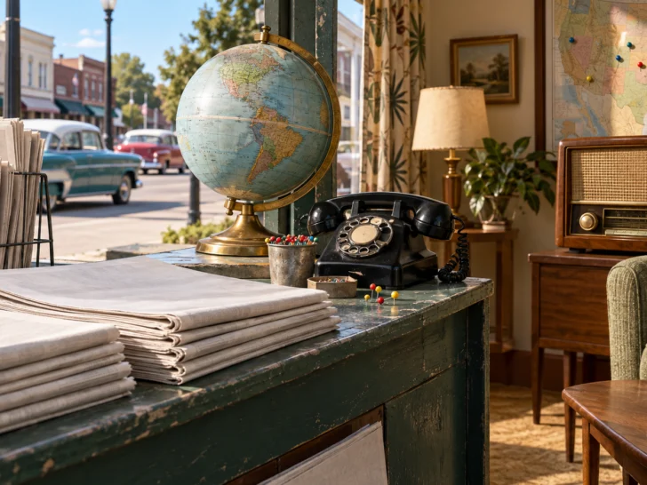 1950s newsstand still life with radio, globe, rotary telephone, and folded newspapers