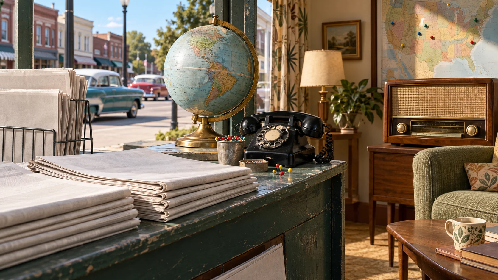 1950s newsstand still life with radio, globe, rotary telephone, and folded newspapers