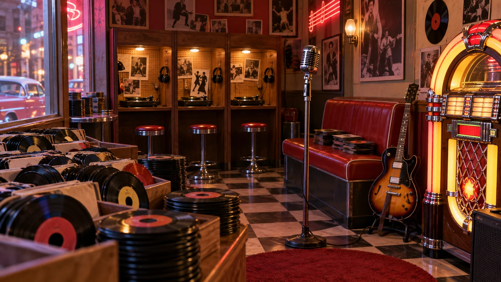 1950s record shop with jukebox, microphone, guitar, and 45 rpm records