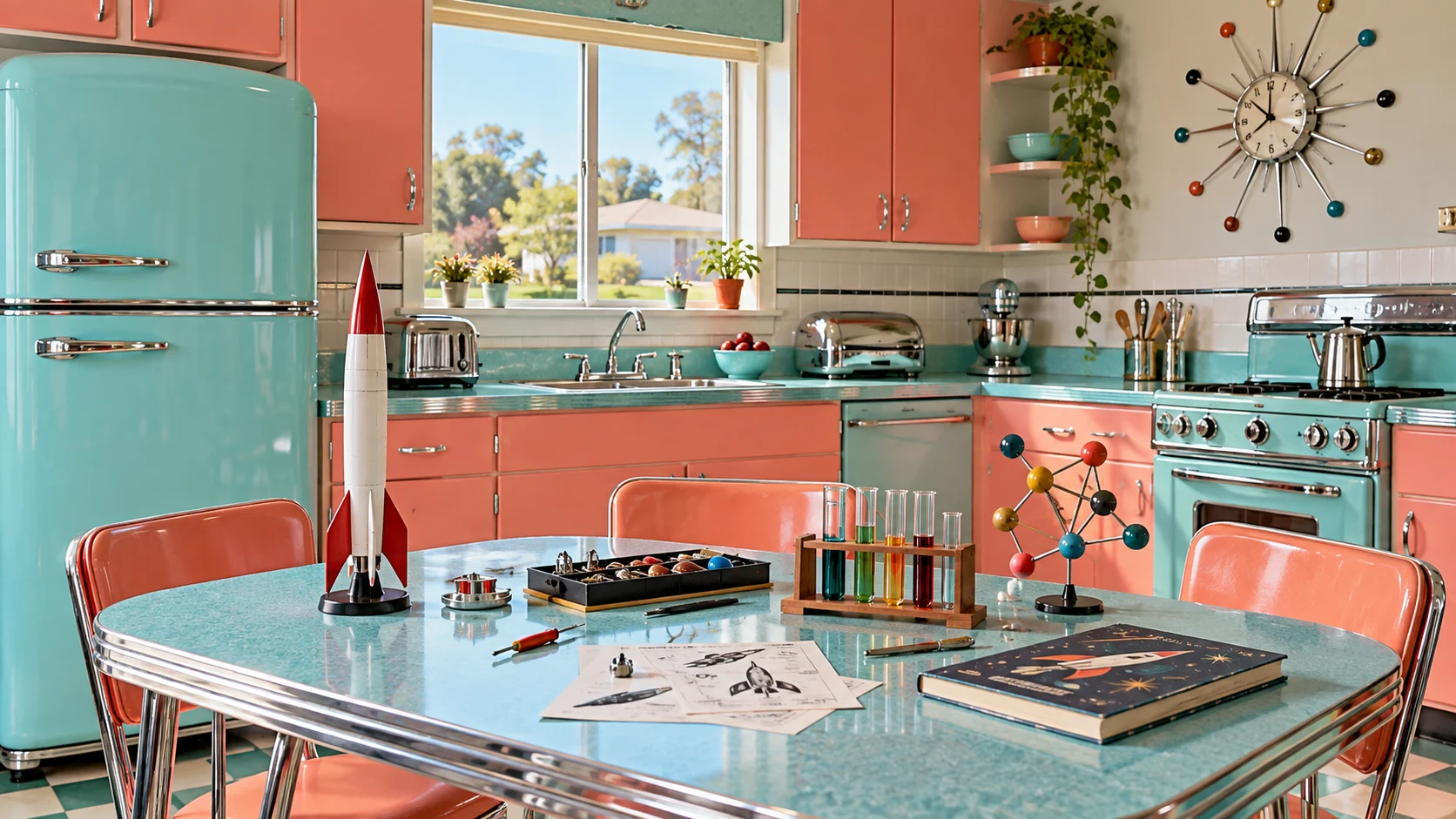 Pastel 1950s kitchen with model rocket, chemistry set, and chrome appliances