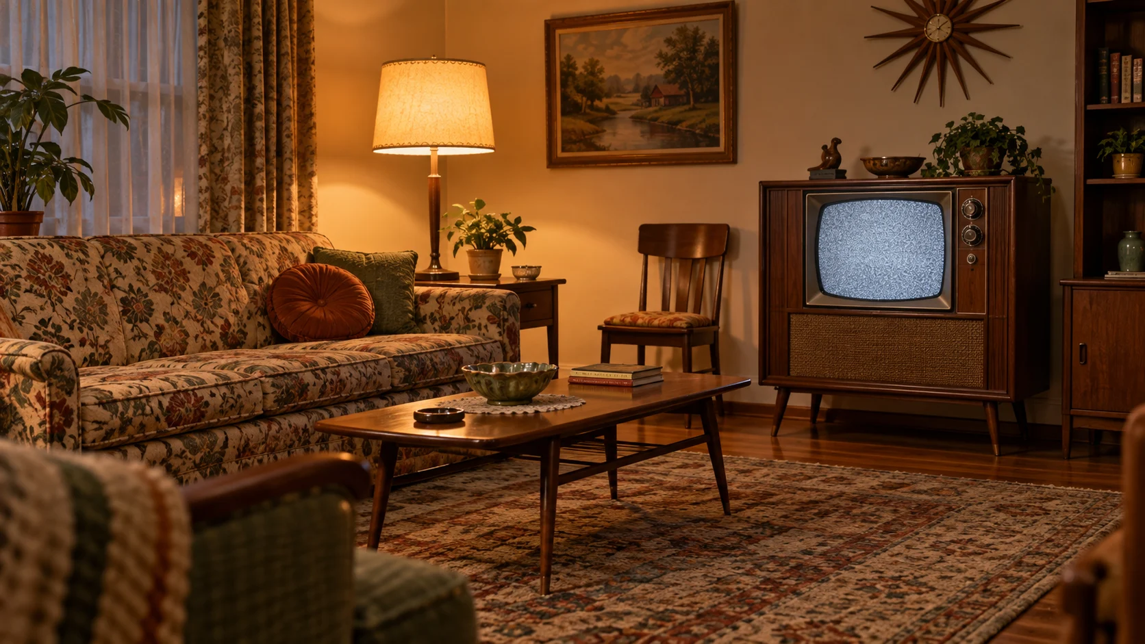 Cozy 1950s living room with wood television, patterned sofa, and floor lamp