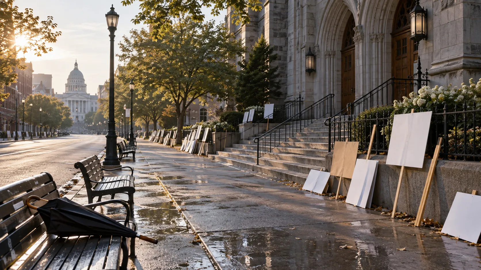 Empty peaceful march route with blank placards and church steps in morning light