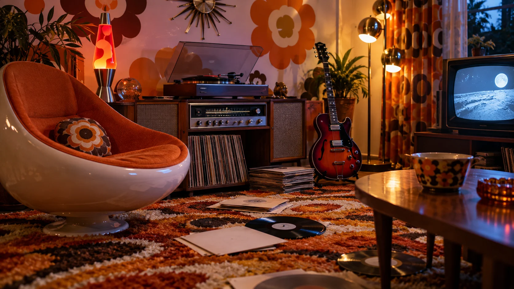 Record player guitar lava lamp mod chair and blank record sleeves in a colorful lounge