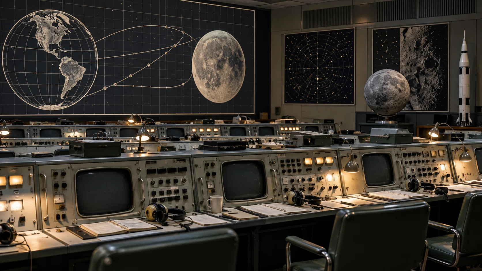 Analog mission control consoles headsets star charts and lunar model