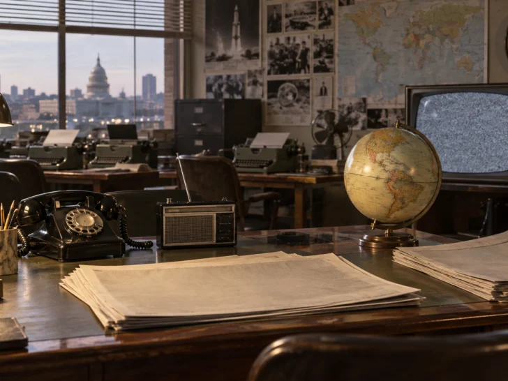 Rotary phone radio globe television and blank newspapers on a 1960s newsroom desk