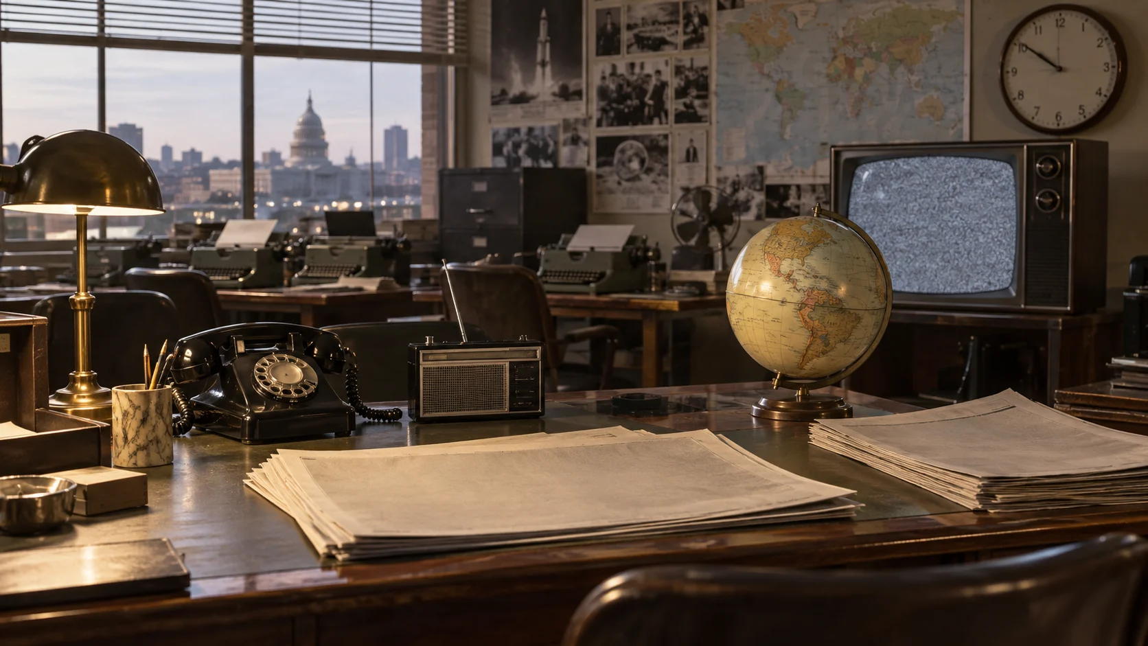 Rotary phone radio globe television and blank newspapers on a 1960s newsroom desk