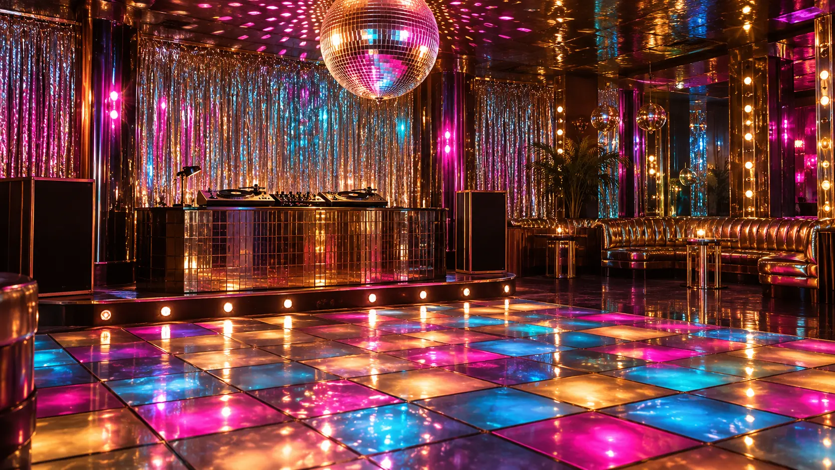 Late-1970s disco club with mirrored ball, illuminated floor, and turntables