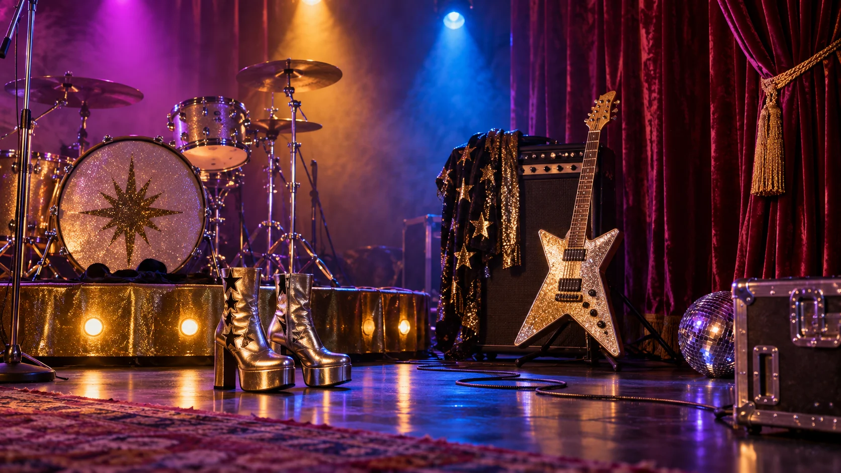 1970s glam-rock stage with platform boots, guitar, velvet curtains, and spotlights