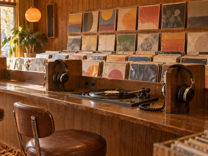 Early-1970s record store with turntable, headphones, and rows of album sleeves