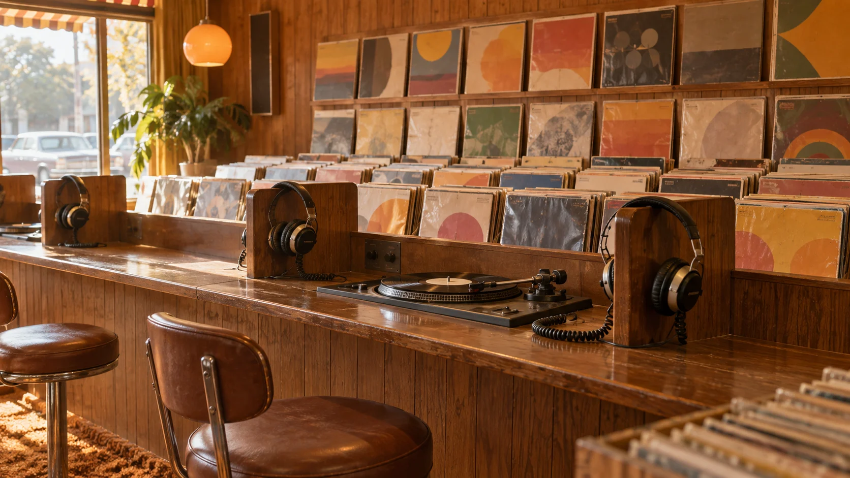 Early-1970s record store with turntable, headphones, and rows of album sleeves