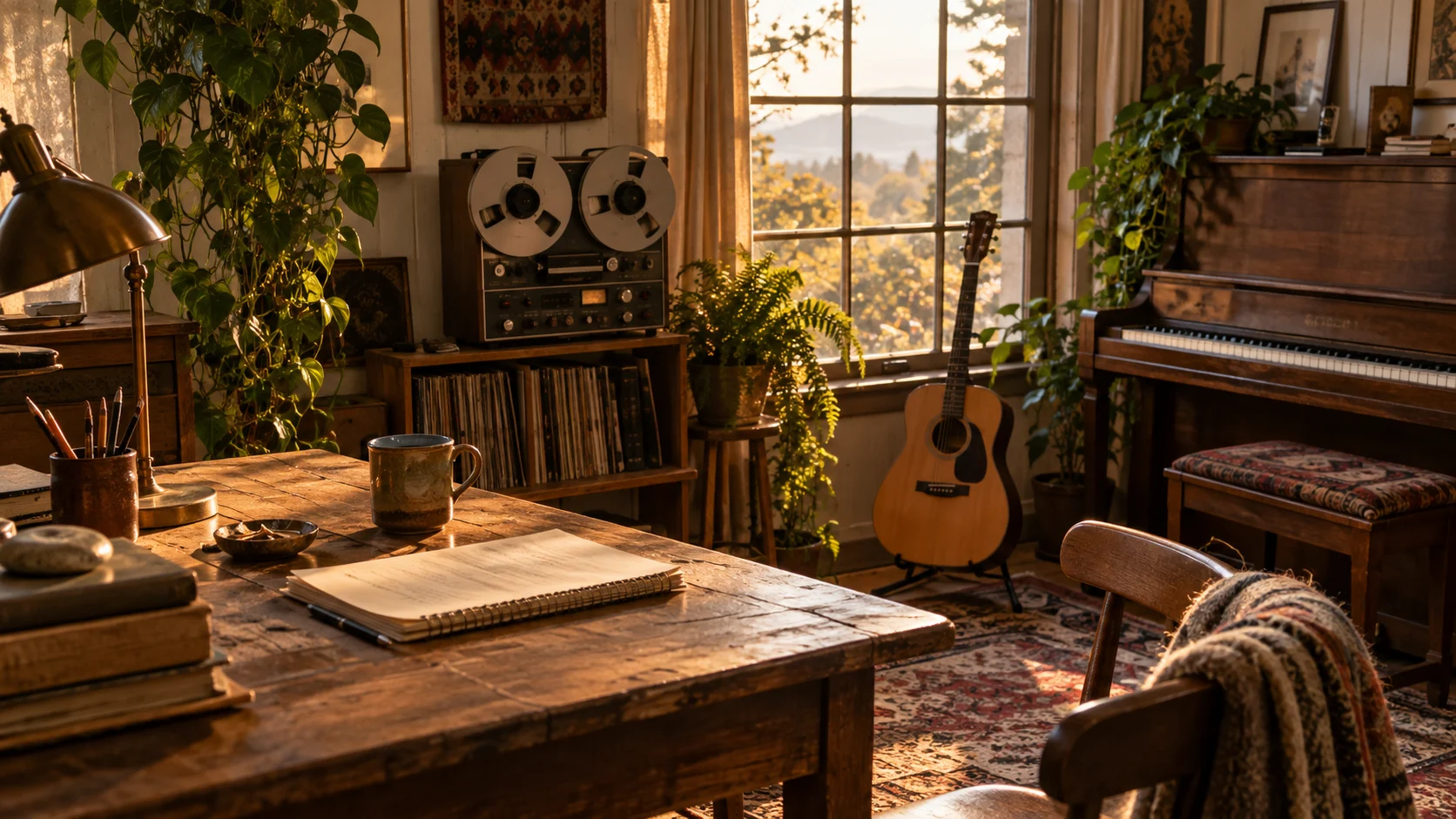 1970s recording nook with acoustic guitar, piano, reel-to-reel recorder, and plants