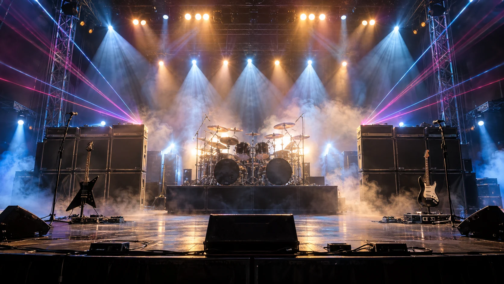 Electric guitars amplifiers and drum kit under lasers on an arena stage