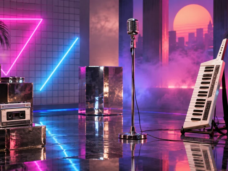 Chrome microphone keytar cassettes and geometric lights in a neon pop studio