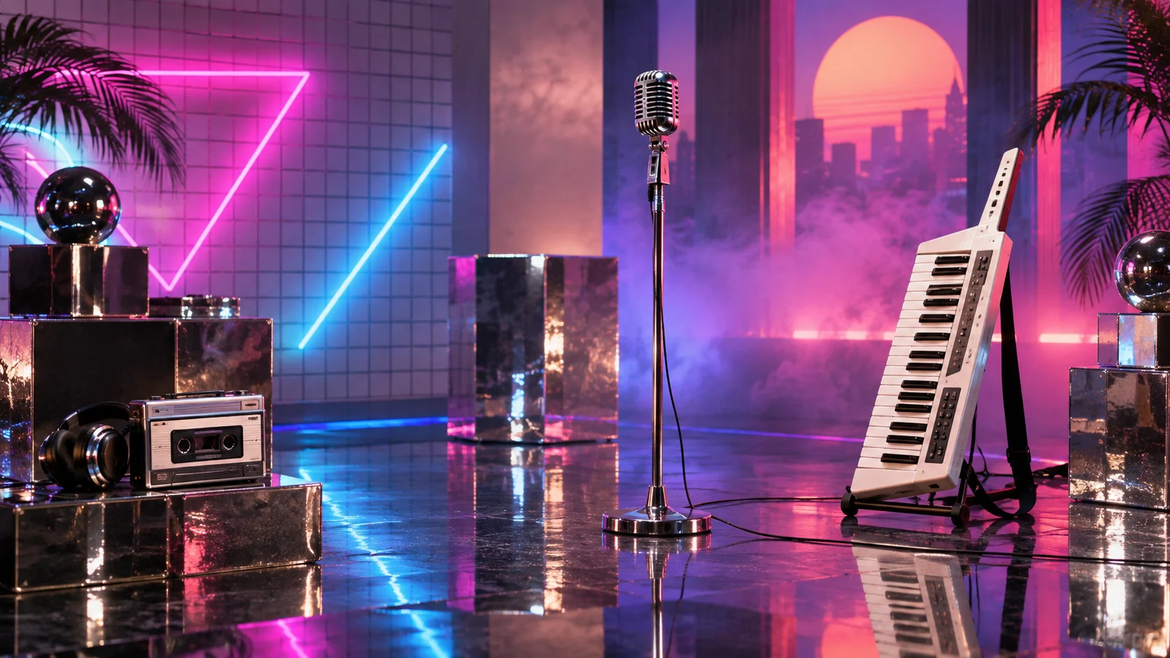 Chrome microphone keytar cassettes and geometric lights in a neon pop studio