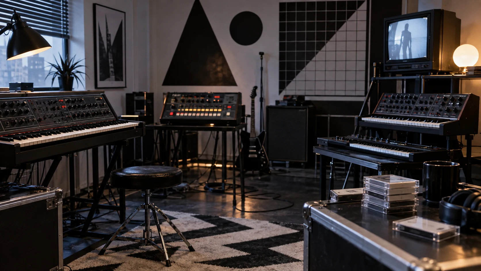 Analog synthesizers drum machine and angular decor in a new wave studio