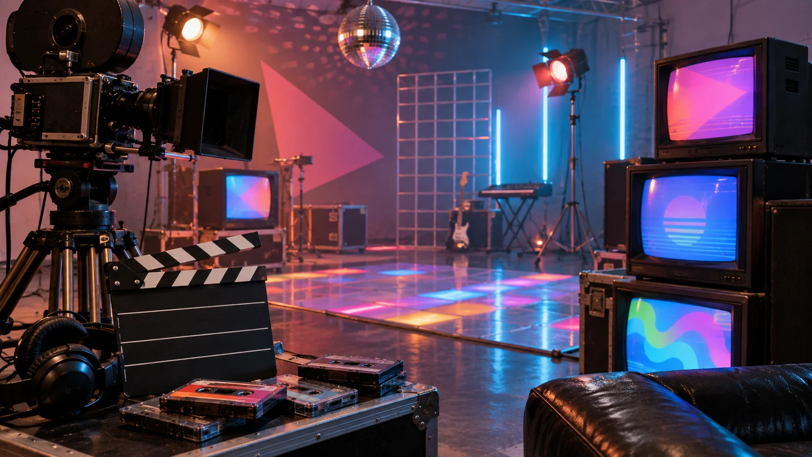 Tube televisions film camera cassettes and lights on a retro music-video set