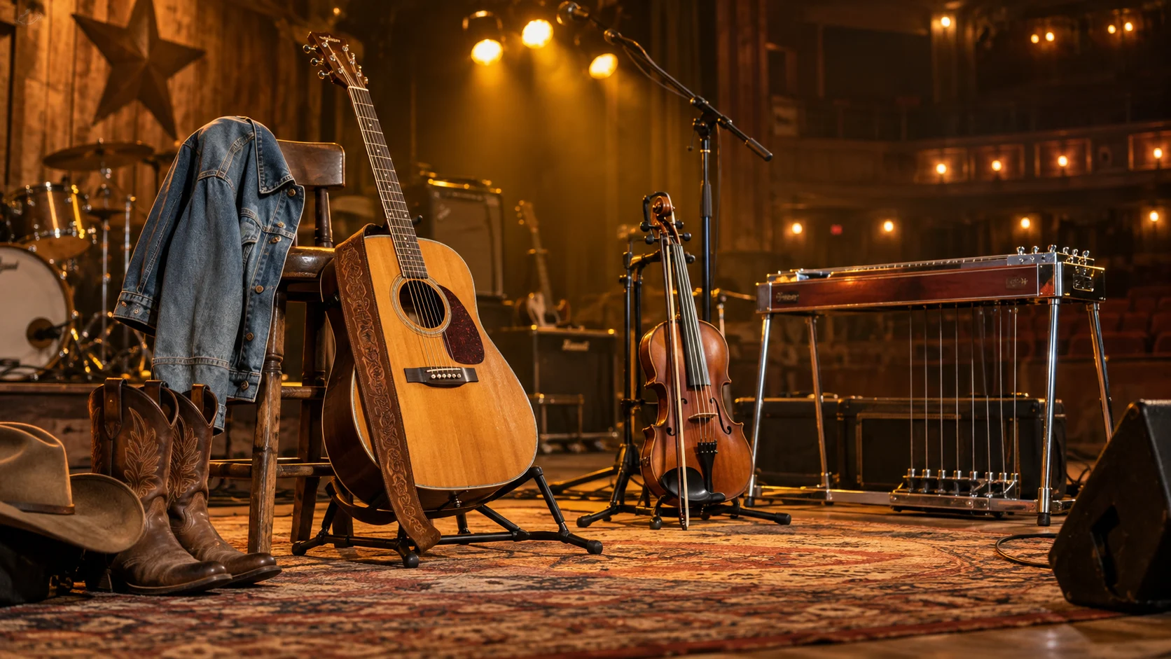 Acoustic guitar fiddle boots and steel guitar on a warm country stage