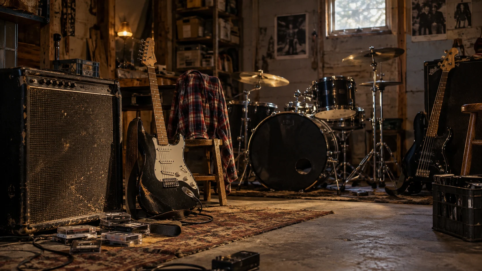 Guitars drum kit flannel shirt amplifiers and cassettes in a garage rehearsal space