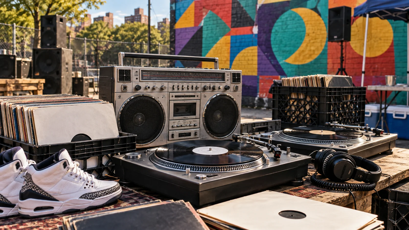 Boombox turntables records headphones and sneakers in a colorful block-party setting