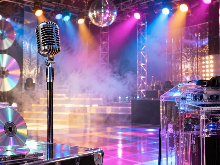 Chrome microphone compact discs and colorful lights on a 1990s pop stage