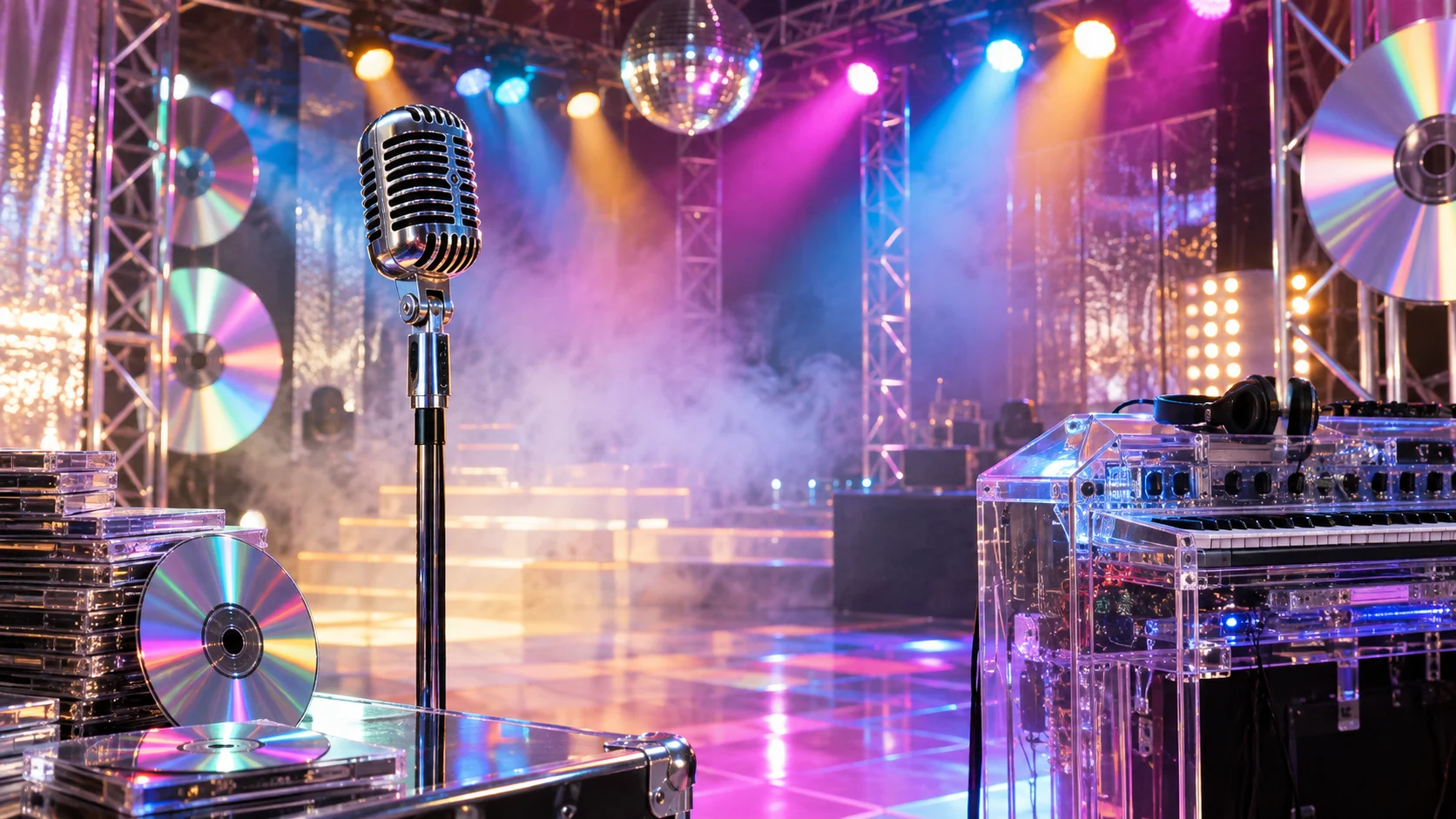 Chrome microphone compact discs and colorful lights on a 1990s pop stage