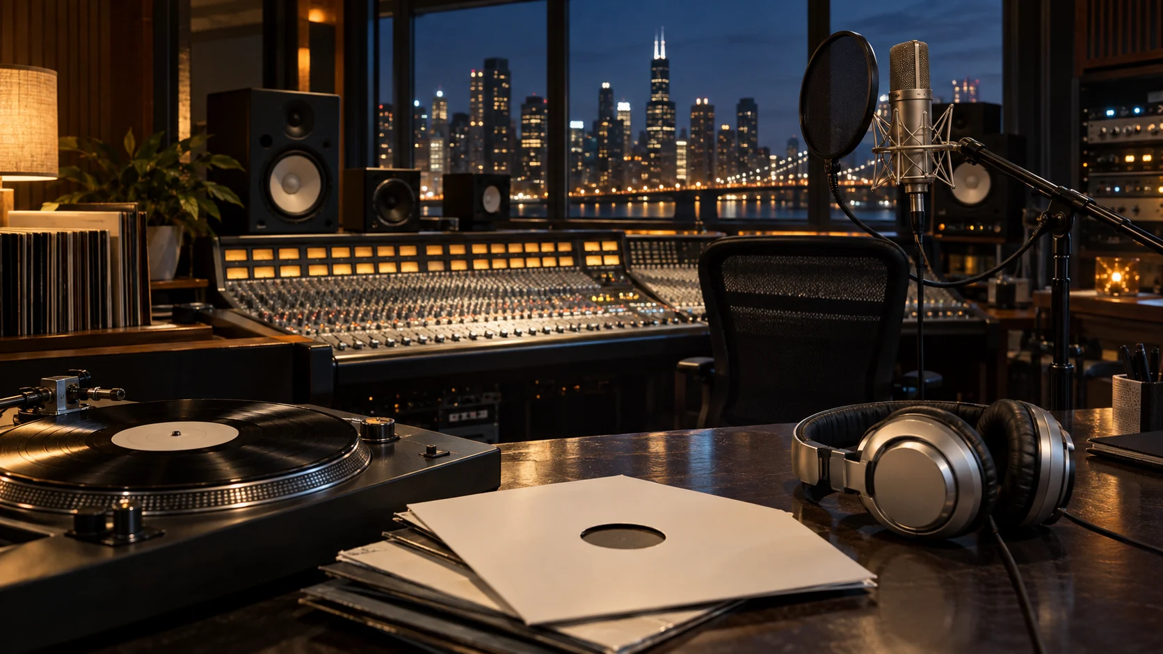 Mixing console microphone turntable records and headphones in a recording studio