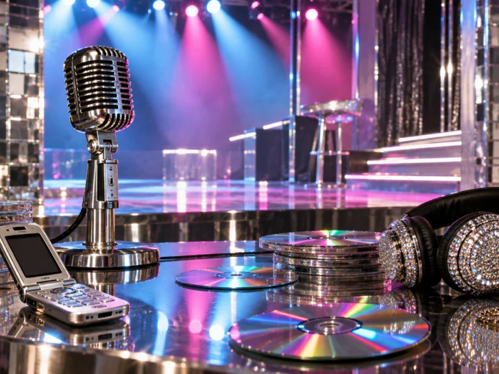 Chrome microphone flip phone compact discs and colorful lights on a pop stage