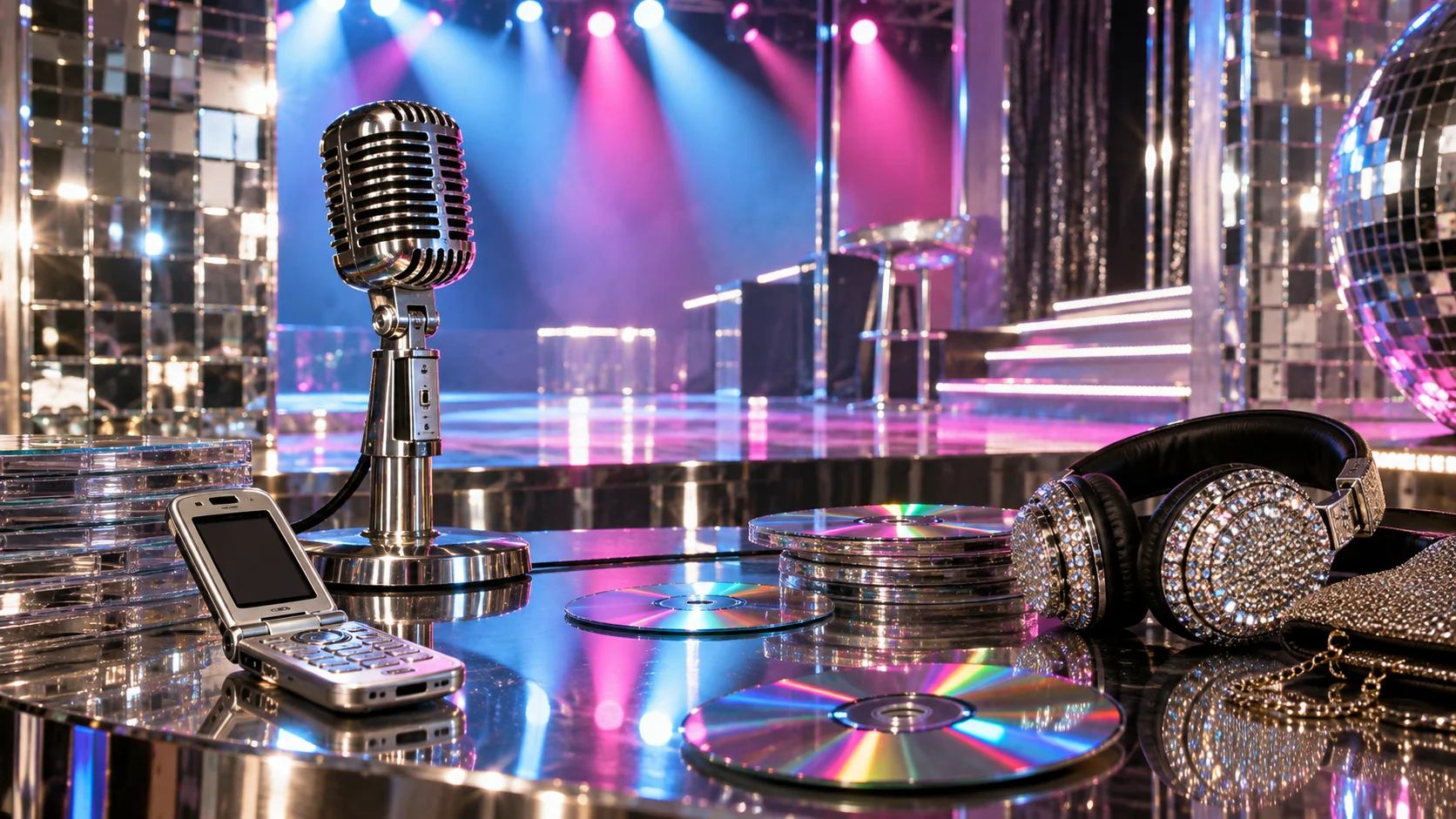 Chrome microphone flip phone compact discs and colorful lights on a pop stage