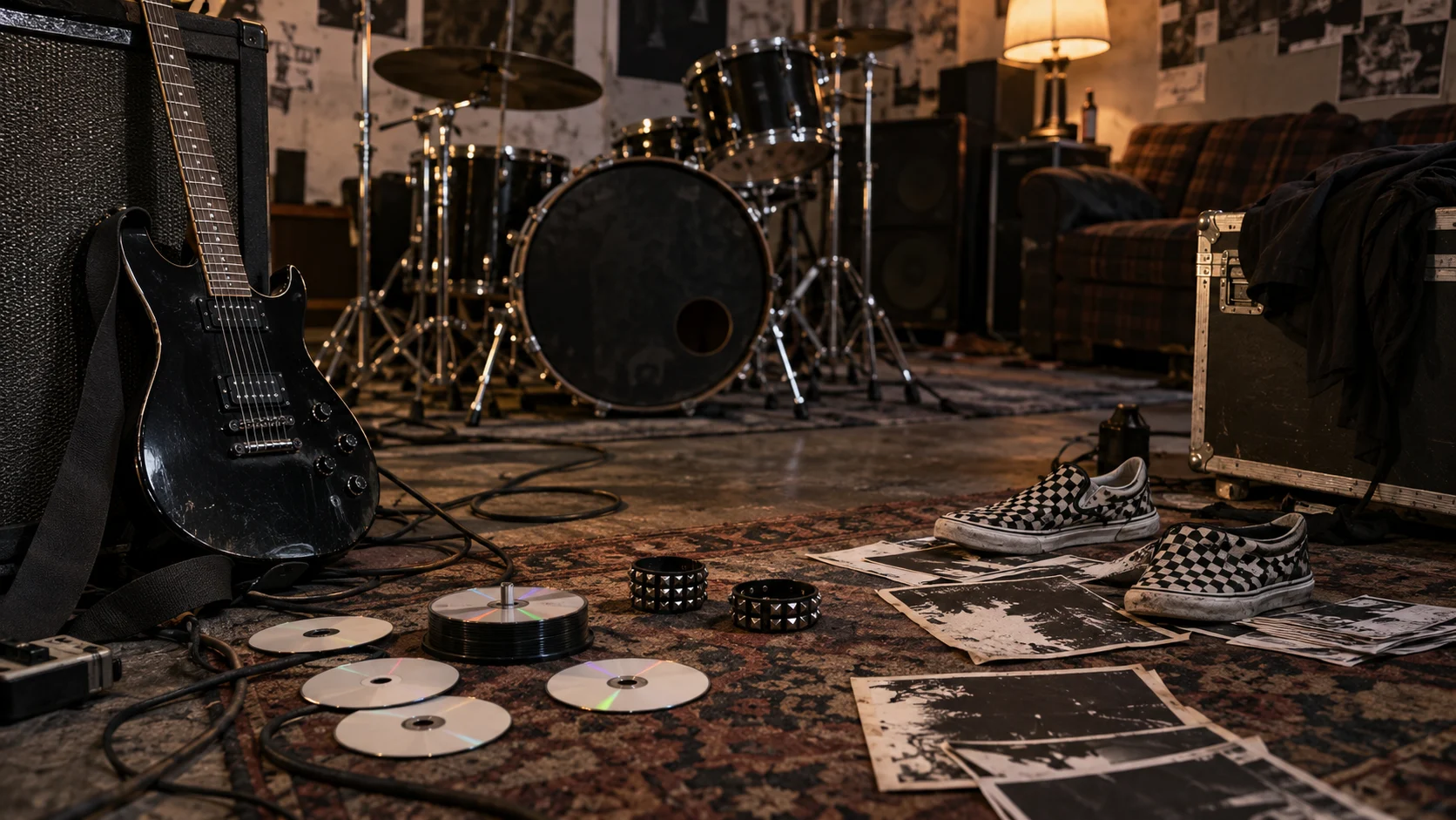 Guitar drum kit sneakers wristbands and blank discs in an alternative rehearsal room