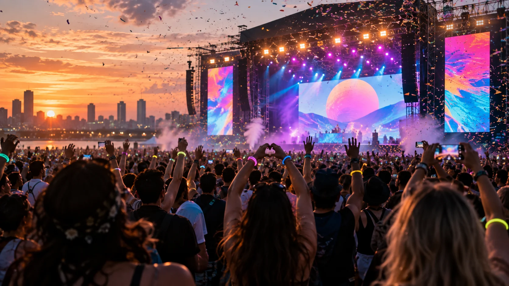 Outdoor music festival at sunset with phones confetti and colorful stage lights