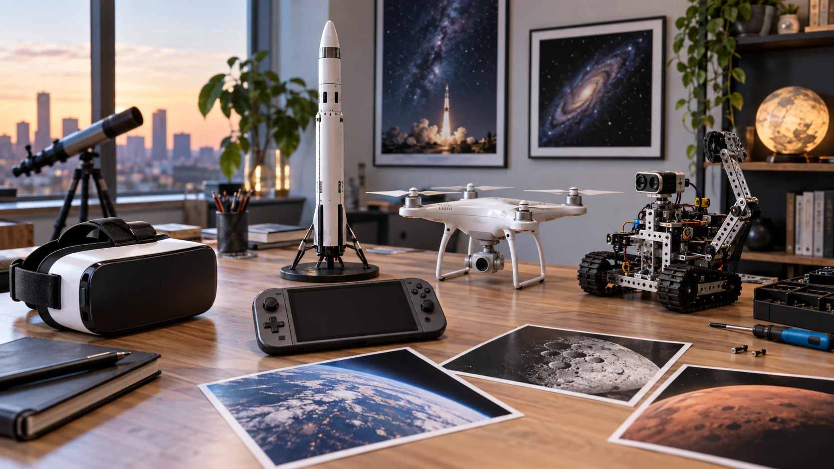 Rocket model virtual-reality headset game console drone and robot kit on a desk