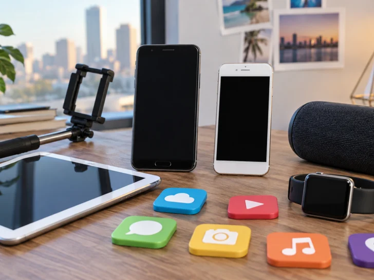 Generic smartphones tablet smartwatch speaker and selfie stick on a technology desk