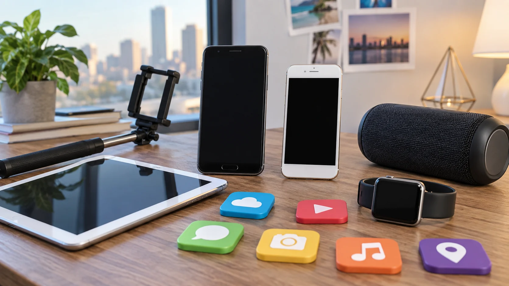 Generic smartphones tablet smartwatch speaker and selfie stick on a technology desk