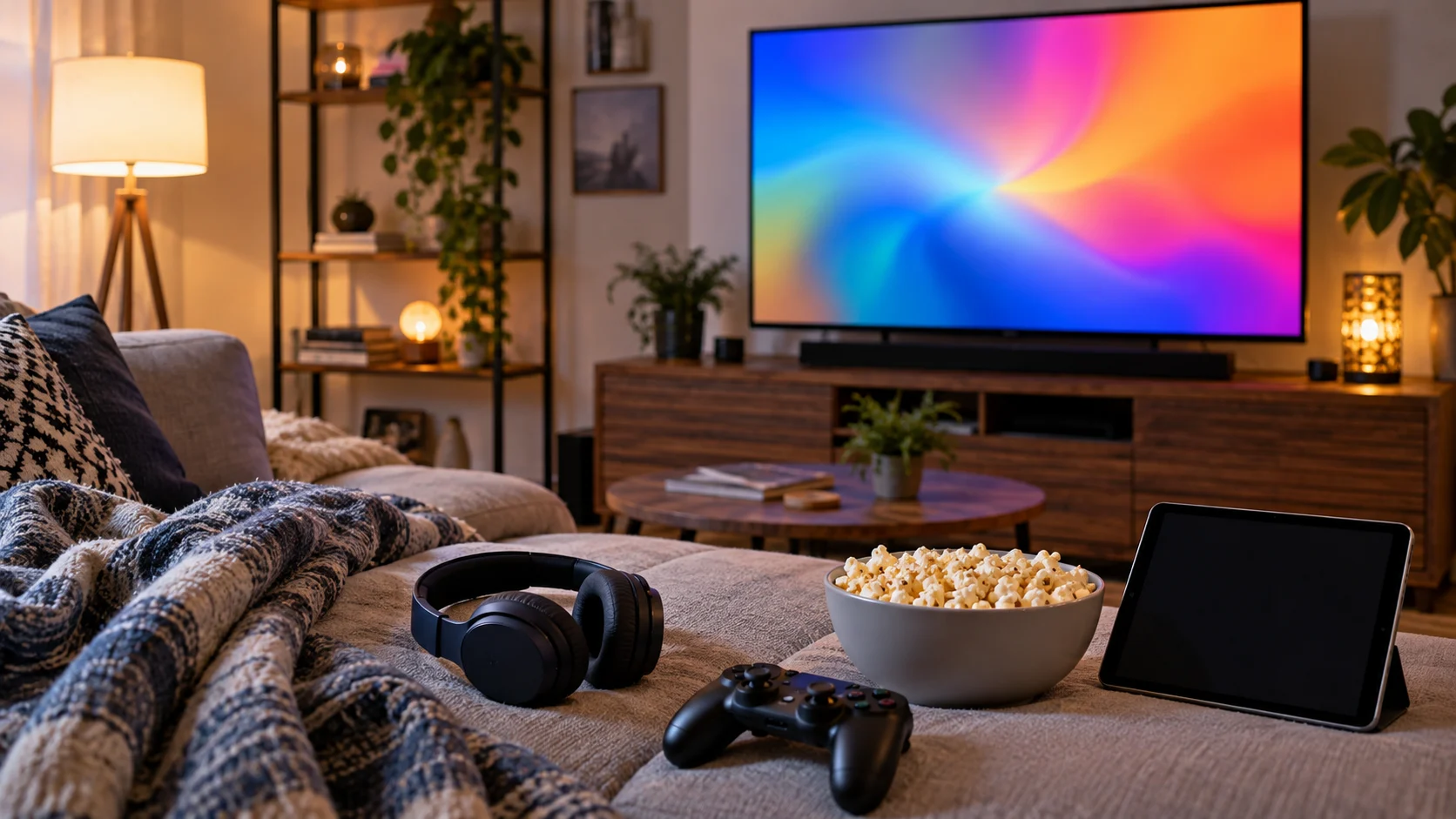Cozy streaming setup with television controller popcorn headphones and tablet