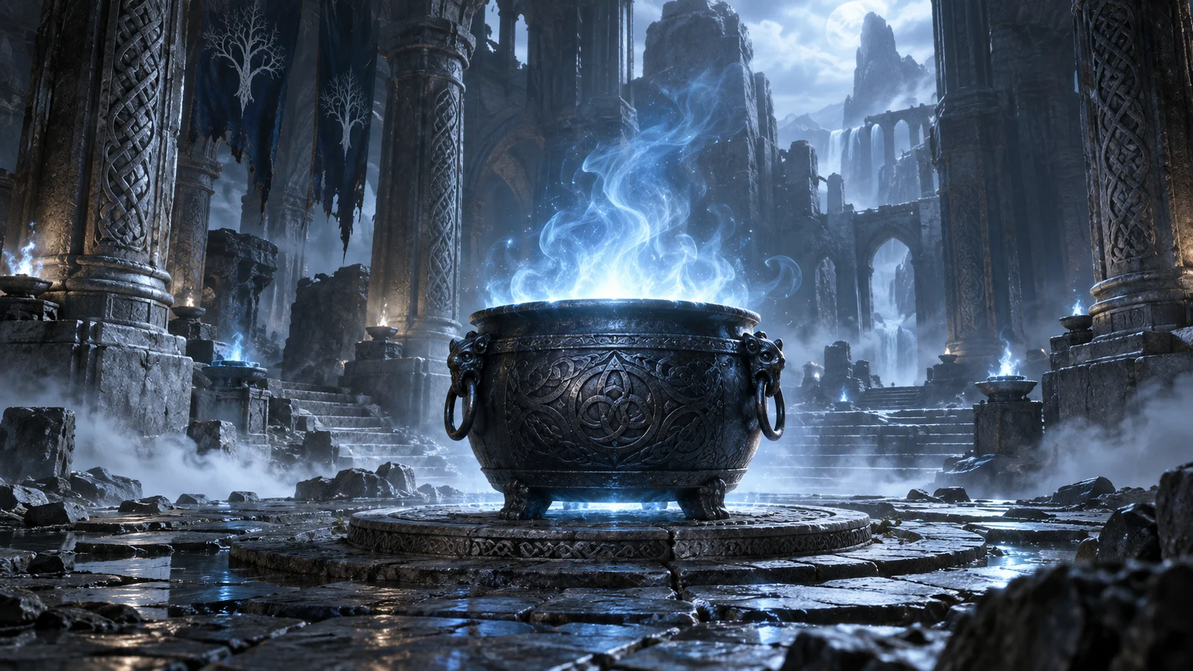 An ancient black cauldron glowing in a cavernous stone hall