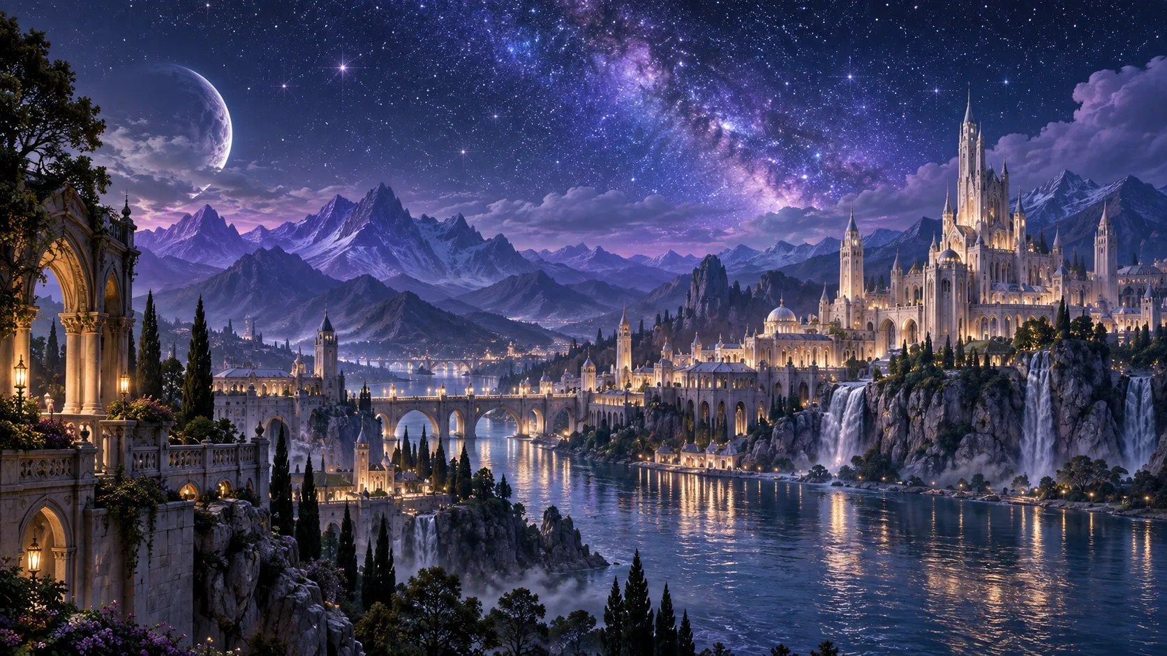 A luminous fantasy city beside a river beneath a star-filled sky