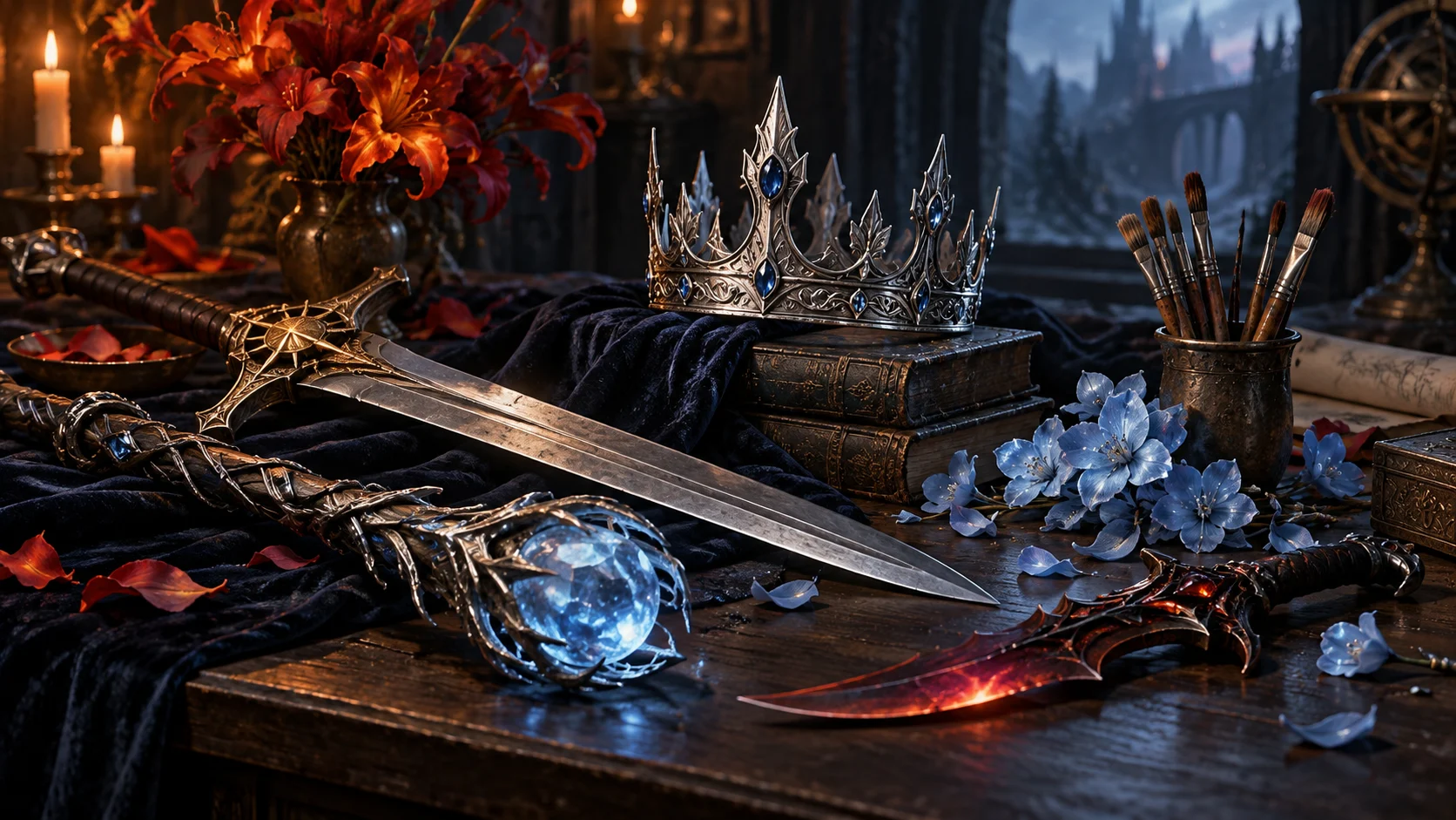 Three fantasy weapons and symbolic flowers arranged on a dark table
