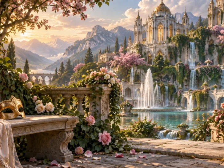 An enchanted spring palace surrounded by flowers and woodland