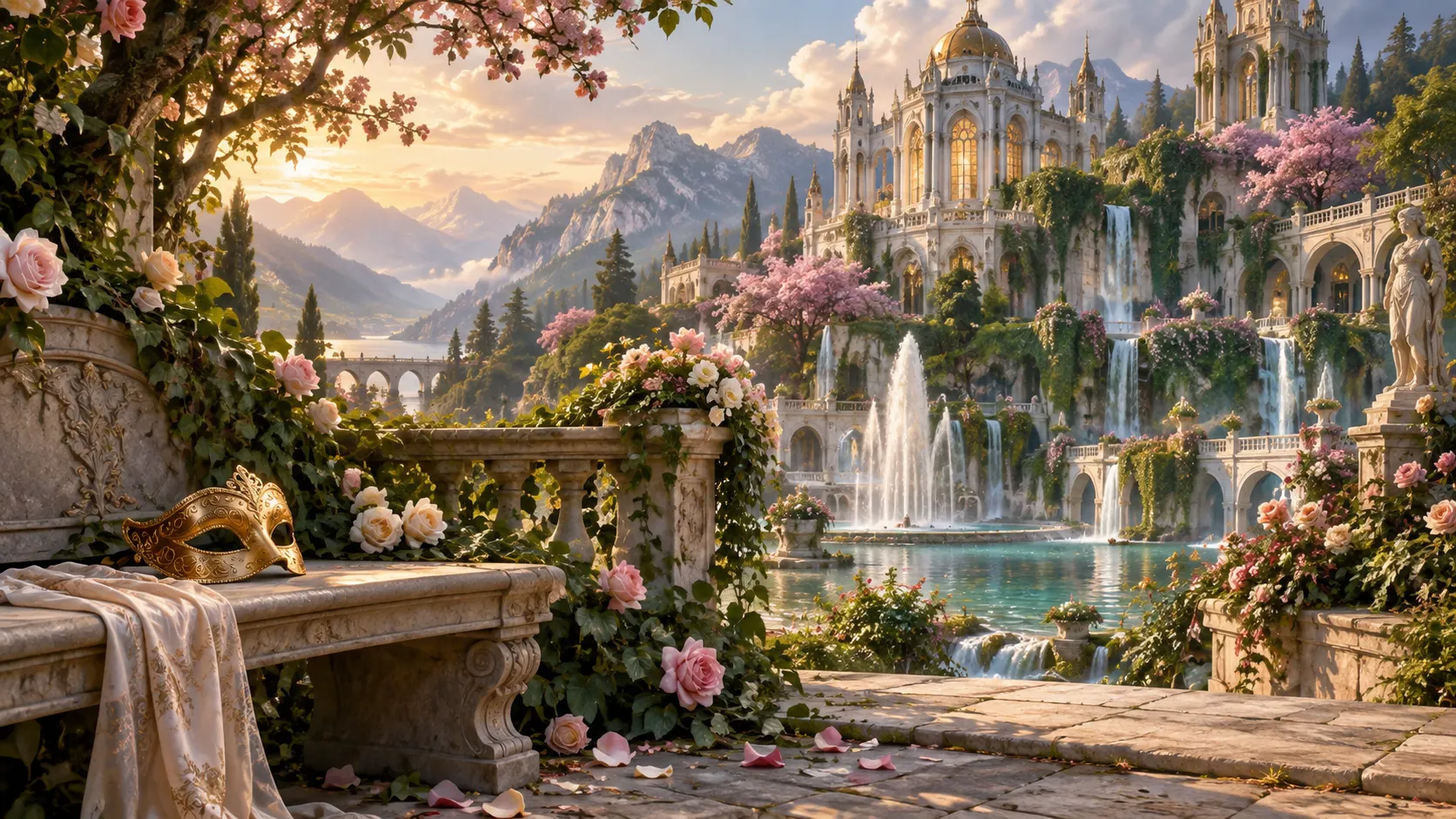 An enchanted spring palace surrounded by flowers and woodland