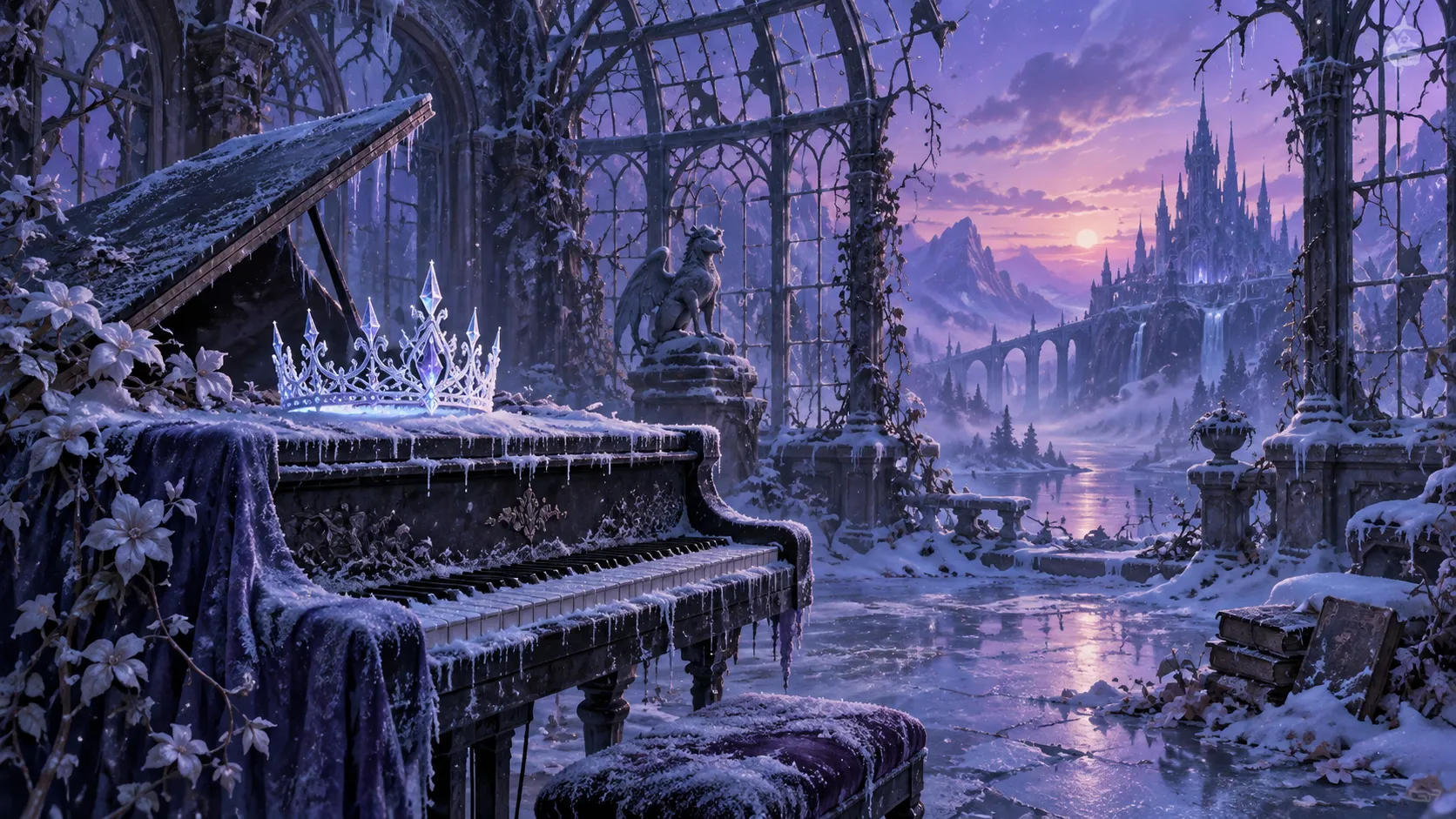 An ice crown rests on a frozen piano in a ruined conservatory
