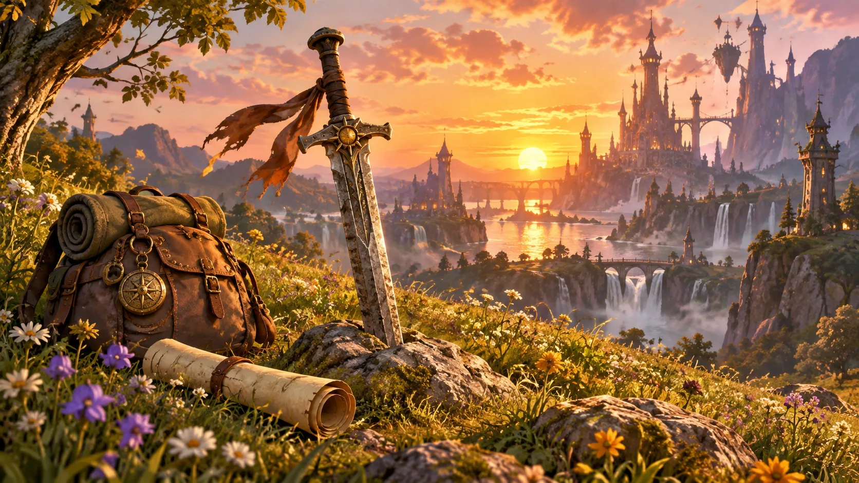A weathered hero sword and backpack overlook a fantasy kingdom