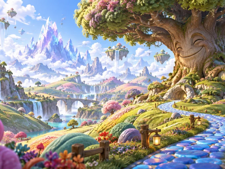 A candy-colored fantasy landscape stretches beneath floating islands