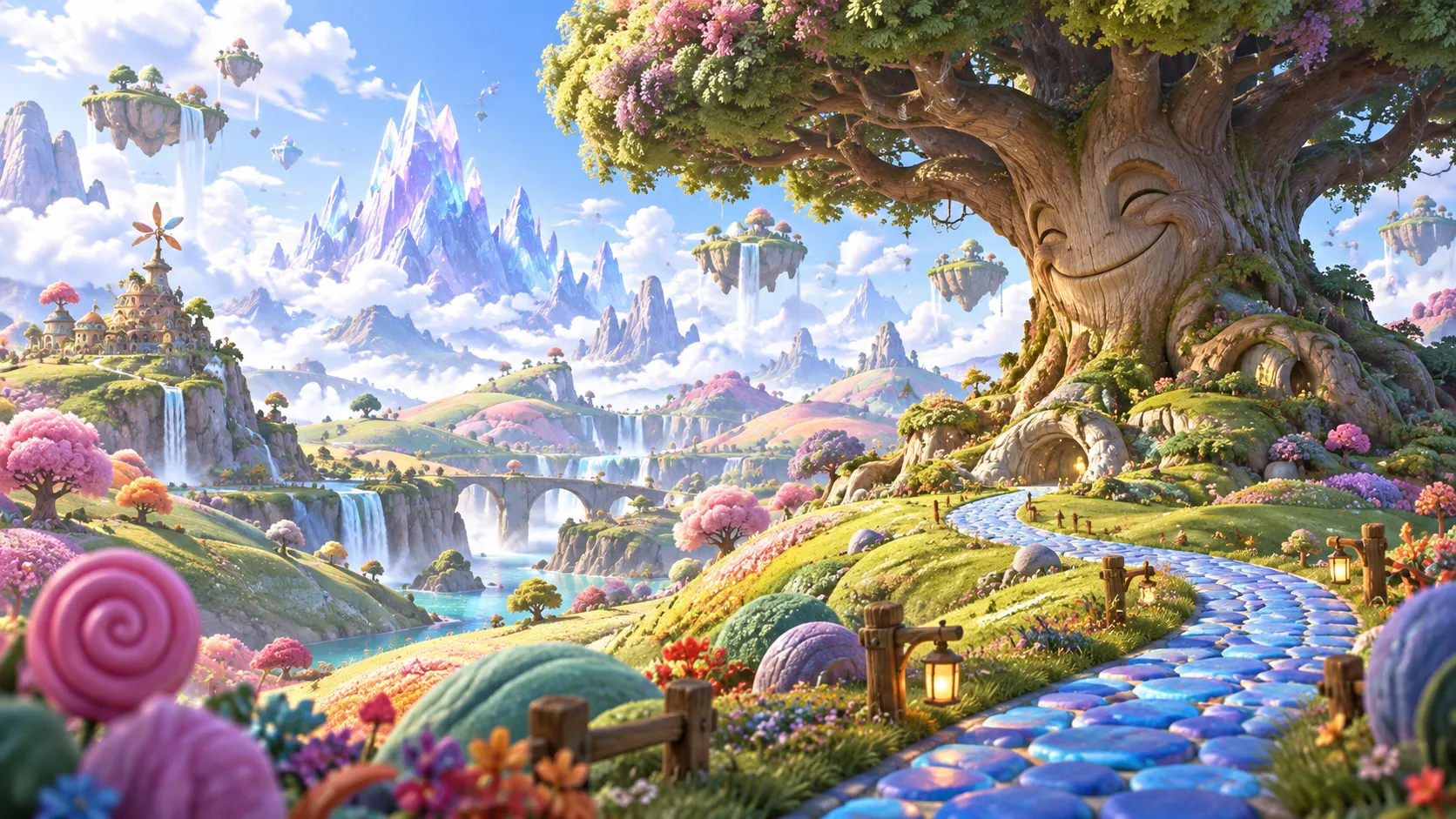 A candy-colored fantasy landscape stretches beneath floating islands