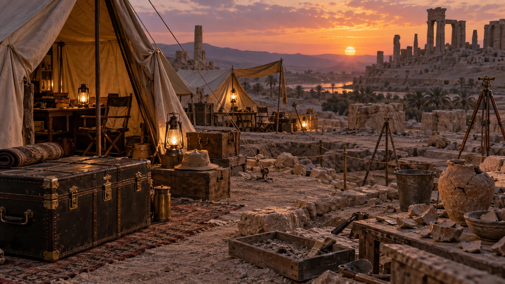 1930s archaeological camp at dusk with tents, pottery, lanterns, and ruins