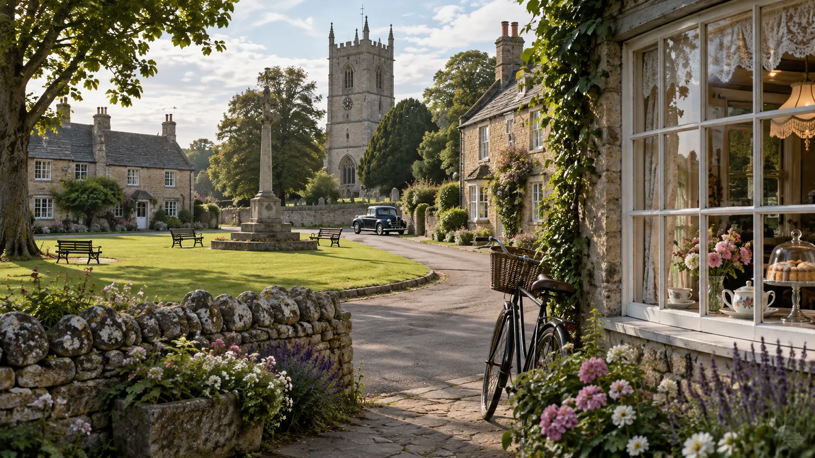 Quiet 1950s English village green with cottages, a church tower, and a bicycle