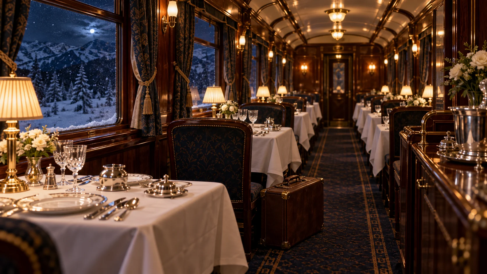 Elegant 1930s railway dining car at night with snow beyond the windows