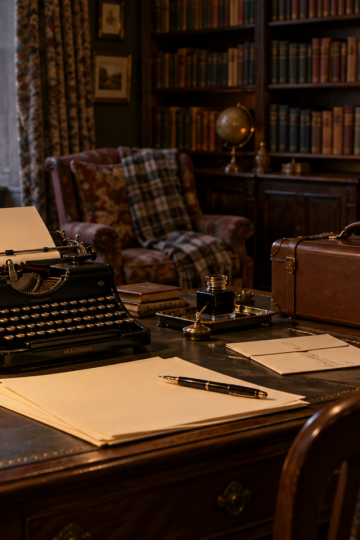 1920s mystery writer's study with a typewriter, blank pages, teacup, and travel case
