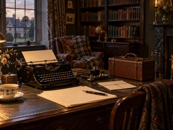 1920s mystery writer's study with a typewriter, blank pages, teacup, and travel case