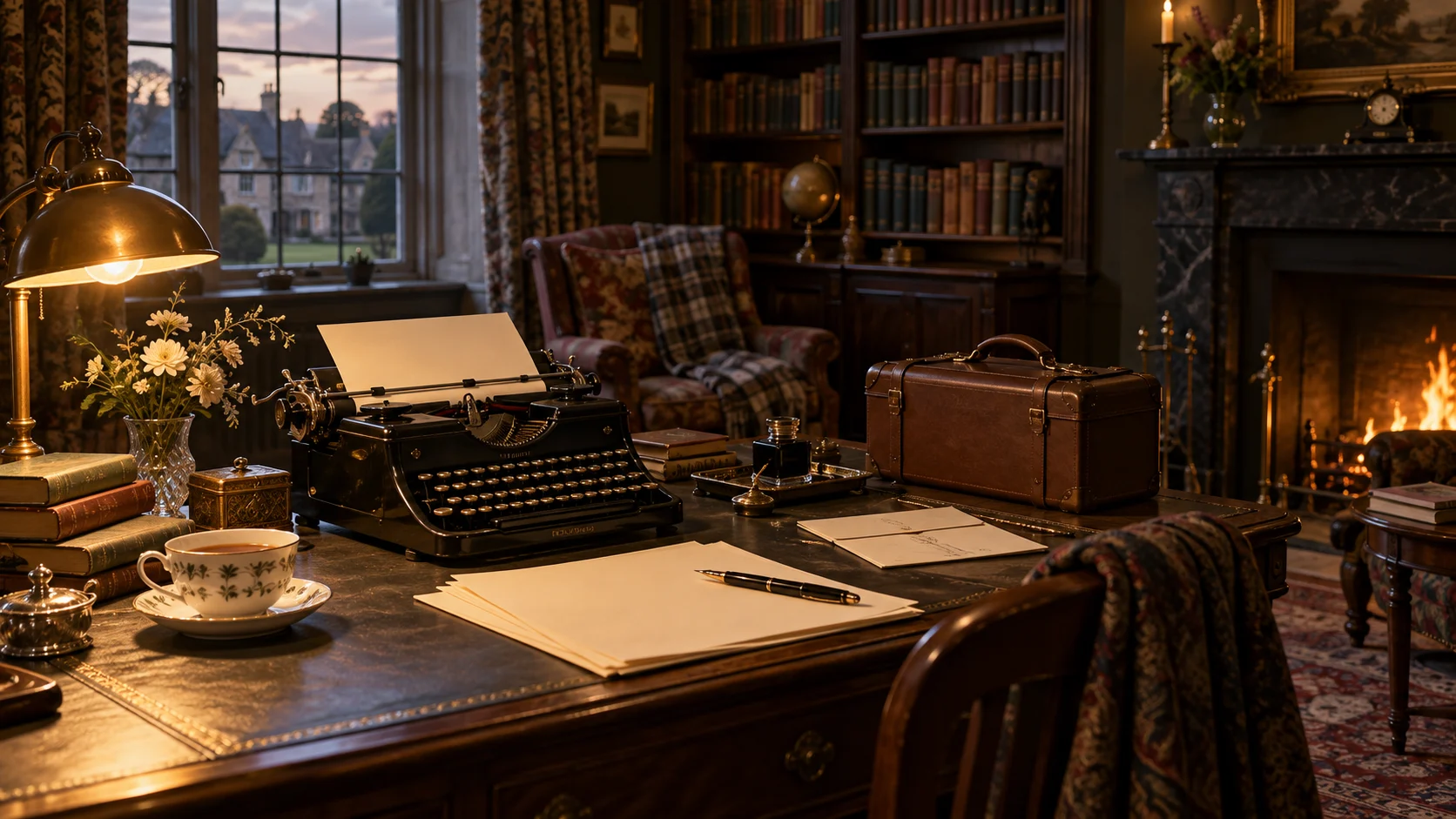 1920s mystery writer's study with a typewriter, blank pages, teacup, and travel case