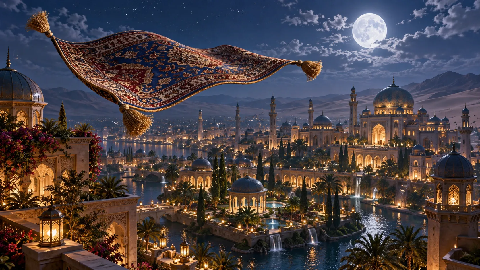 An ornate magic carpet flying above a moonlit desert city